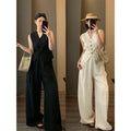 Summer Old Money Fashion Tencel Linen Sleeveless Wide Leg Pants + Vest 2-Piece Set