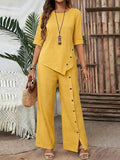 Casual Fashion Asymmetric Loose Hem Shirt + Pants 2-Piece Set
