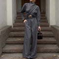 Fall Office Elegant High Neck Crop Twist Wide Leg Pants + Top 2-Piece Set