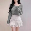 Women's Korean Fashion Long Sleeve Drawstring Knit Top + Tank Top + Camisole 2-Piece - White