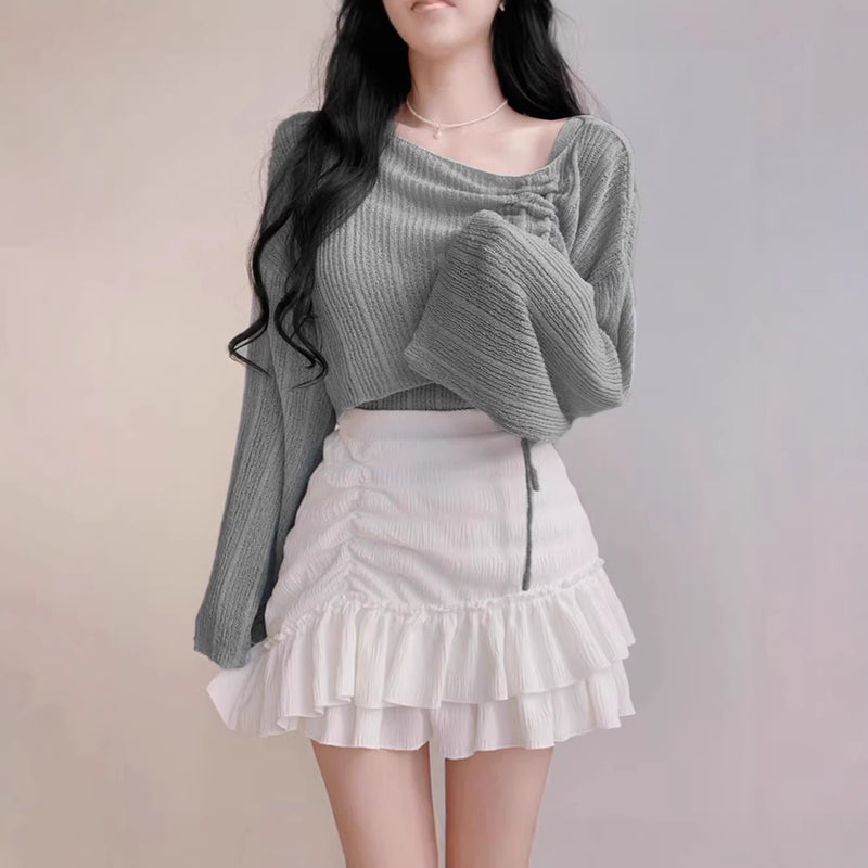 Women's Korean Fashion Long Sleeve Drawstring Knit Top + Tank Top + Camisole 2-Piece - White