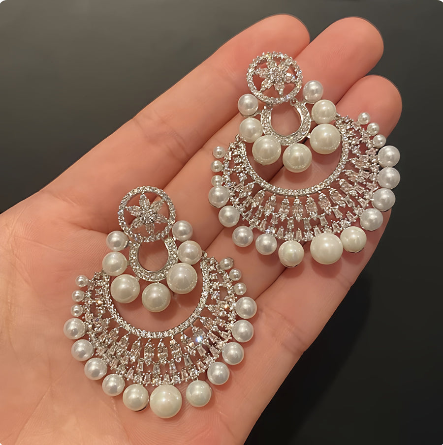 Rhinestone Flower Pearl Statement Earrings - view 2