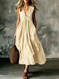 Elegant V-Neck Pocket Pleated Sleeveless Camisole Dress
