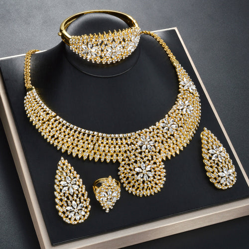 Middle East Jewelry Statement Full Diamond Net Form Flower Cubic Zirconia Necklace Bracelet Set Earrings Ring Set India Bride Jewelry