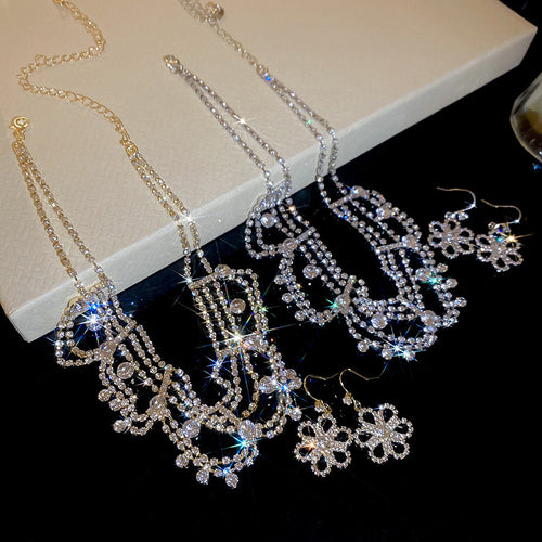 French Exquisite Imperial Breeze Rhinestone Lace Trim Earrings Necklace Set Fashionable Clavicle Chain Light Luxury Premium Necklace