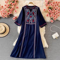 Women's Fall Ethnic Vacation Embroidered V-Neck Waist-Tie Swing Dress + Long Skirt + - Yellow