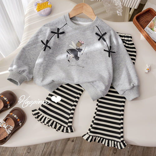 Girls' Bow Print Hoodie and Striped Pants 2-Piece Set