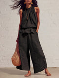 Women's Summer Casual Linen Cotton Sleeveless Ruffle Wide Leg Pants 2-Piece Set 2026 - Red