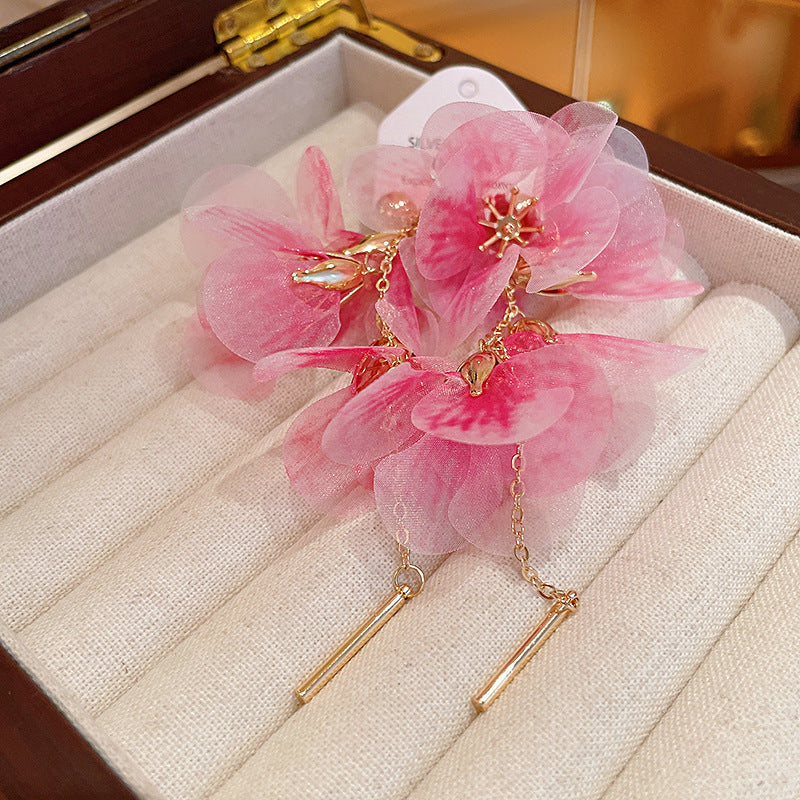 Pearl Flower Rhinestone Tassel Drop Earrings - view 7
