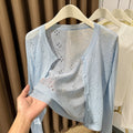 Women's Summer Korean Knit Long Sleeve Hollow-Out Sun-Protection Lightweight Cardigan - Gray