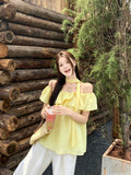 Summer Korean Elegant Off-Shoulder Boat Neck Ruffle Shirt