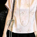 Women's Spring New Chinese Batwing Sleeve Short Sleeve Crew Neck Frog Button Shirt + - Off White