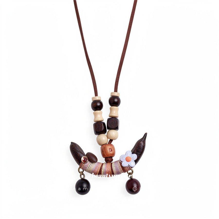 Bohemian Ceramic Bell and Wooden Pendant Necklace - view 5