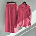 Women's 2026 Retro Plus Size Linen Cotton High Waist Loose Shirt + Pants 2-Piece Set - Pink