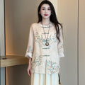 Early Spring New Chinese Fashion Frog Button Printed Loose Wide Leg Pants + Top 2-Piece Set
