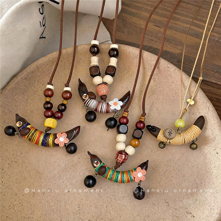 Bohemian Ceramic Bell and Wooden Pendant Necklace - view 2