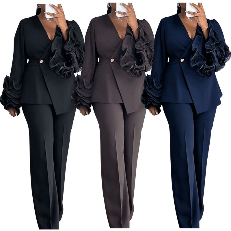 Formal Long Sleeve Lace Trim Pants 2-Piece Set