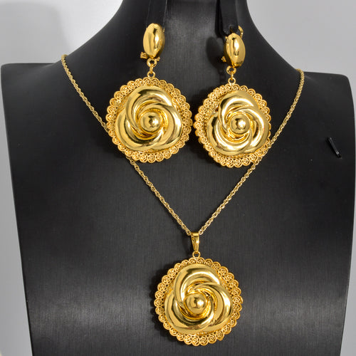 Overseas Dubai Gold 18K Personality Petal Lace Trim Niche Design Pendant Necklace Earrings Set 2-Piece Set Women