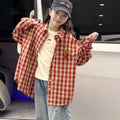 Girls' Retro Red Plaid Long Sleeve Shirt - Loose Fit