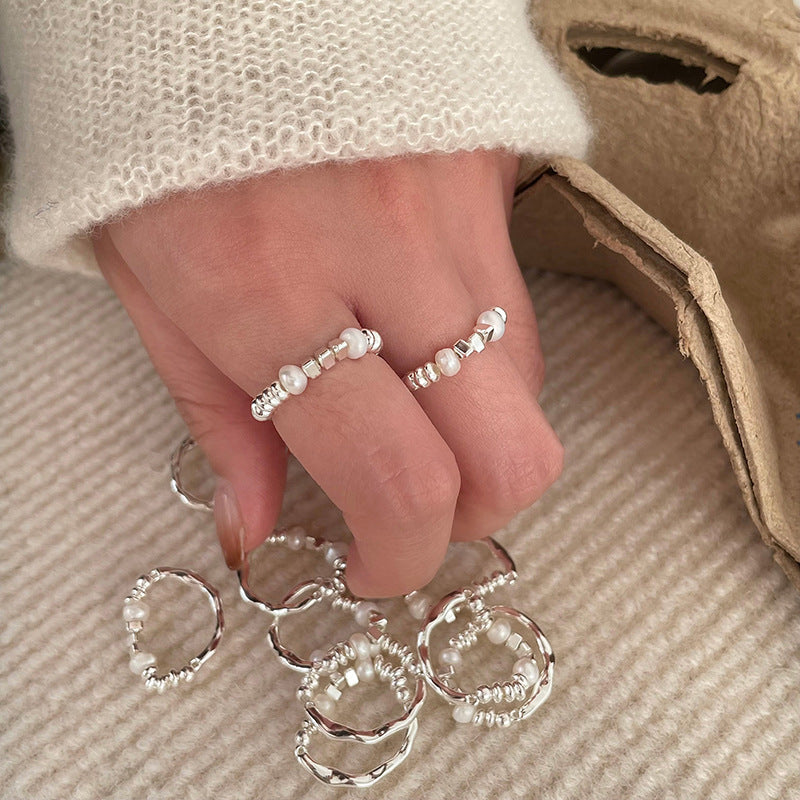 Korean-Style Stretch Pearl Ring – Irregular Geometric Design - view 4