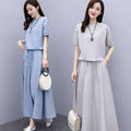 Women's Summer Slimming Linen Cotton Short Sleeve Dress + Skirt + Long Skirt 2-Piece - Light Blue