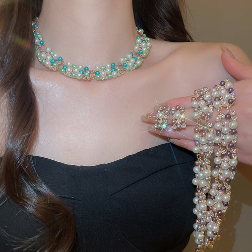 Palm Top Bright Bead _ Sparkle Dazzling Rhinestone Beaded Pearl Stud Earring Necklace Set French Retro Premium Exquisite Accessory