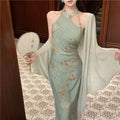 New Chinese Style Floral Halter Modified Cheongsam Dress Set