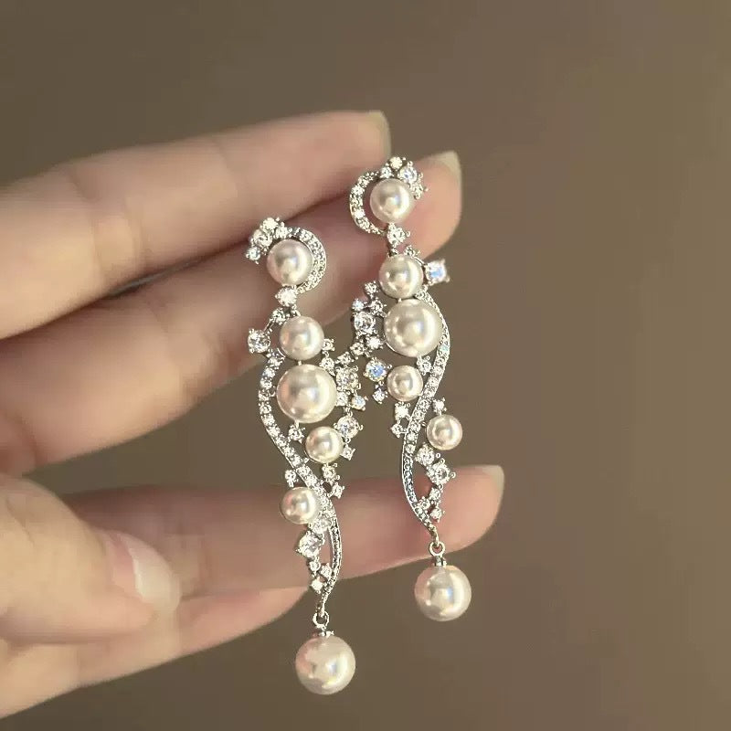 Flower Teardrop Pearl Tassel Stud Earrings - view 12
