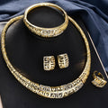 Overseas Dubai 18K Gold Cutout Rhinestone Necklace Earrings Set Ring Bracelet Set India Women Banquet Jewelry Set