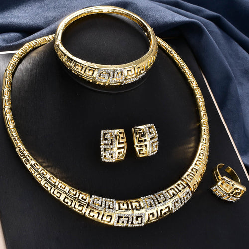 Overseas Dubai 18K Gold Cutout Rhinestone Necklace Earrings Set Ring Bracelet Set India Women Banquet Jewelry Set