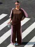 2026 New Street Style Casual Set, Loose Short Sleeve Tee + Side-Stripe Wide Leg Pants
