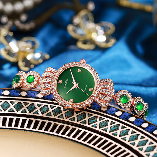 Factory In Stock Ladies Watch TikTok Live Bestseller Rhinestone Crown Bracelet Watch Quartz Watch Women Small Green Watch