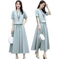 Women's Summer Slimming Linen Cotton Short Sleeve Dress + Skirt + Long Skirt 2-Piece - Light Blue