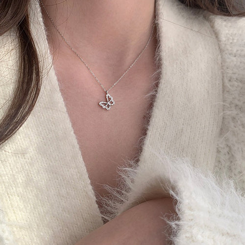 Korean Minimal Trendy Silver Butterfly Necklace Summer Day Fresh Niche Design Rhinestone Influencer Clavicle Chain N6308