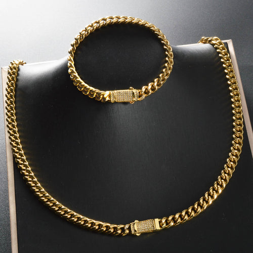 Cross-Border Hit Square Brand Premium Rhinestone Round Polish Dense Thick Cuban Chain Dragon Head Clasp Stainless Necklace Men Bold