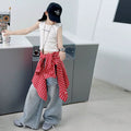 Girls' Red Plaid Long Sleeve Shirt & Asymmetric Jeans - 3-Piece Set