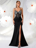Women's Spaghetti Strap Tulle Patchwork Slim Fit Sexy Evening Gown Party