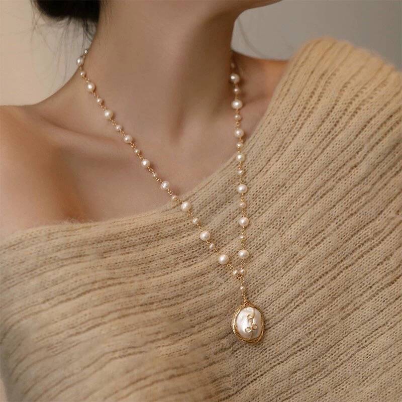 天然巴洛克珍珠项链女 手工编织长款毛衣链 轻奢爆款小众长款配饰