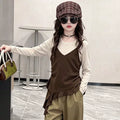Girls' Faux Layered Long Sleeve Tee - Asymmetric Lace Hem