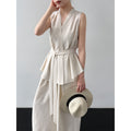 Summer Casual Elegant Sleeveless Stand Collar Waist-Tie Wide Leg Pants + Top 2-Piece Set