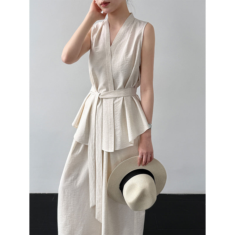 Summer Casual Elegant Sleeveless Stand Collar Waist-Tie Wide Leg Pants + Top 2-Piece Set