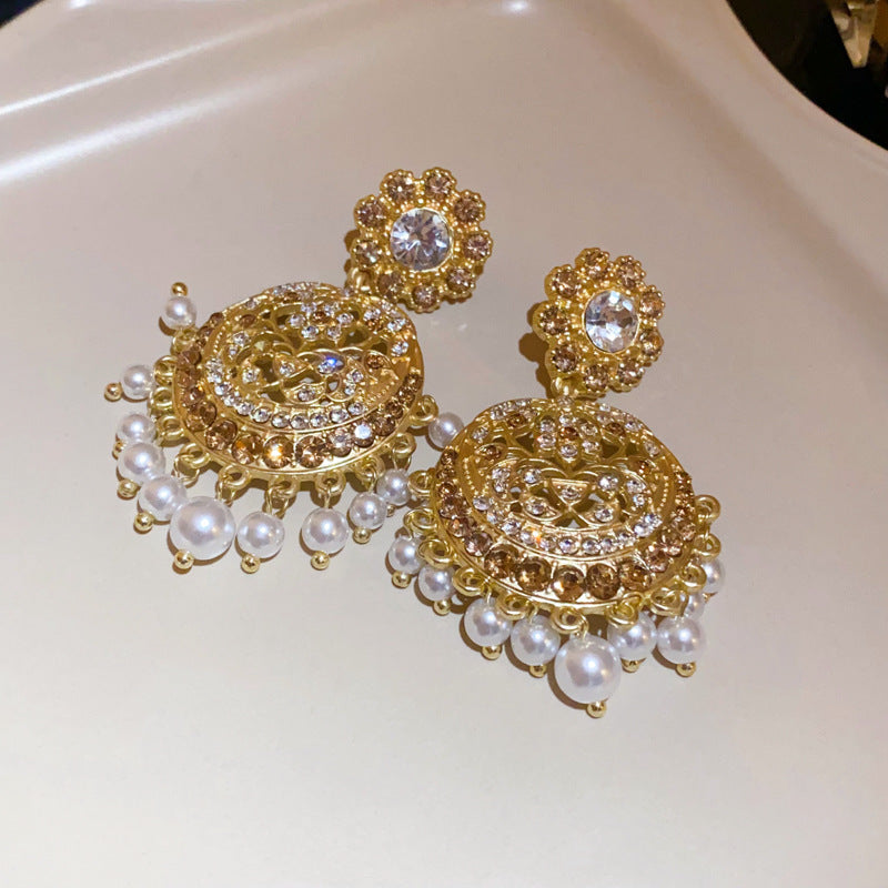 Rhinestone Flower Oval Pearl Drop Earrings - view 8