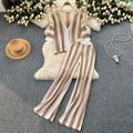 Retro Slimming Plus Size Knit Striped Loose Color-Block Wide Leg Pants + Cardigan Set