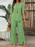 Casual Fashion Asymmetric Loose Hem Shirt + Pants 2-Piece Set