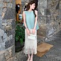 Brightening Relaxed Sleeveless Pleated Fringe Skirt + Top Set