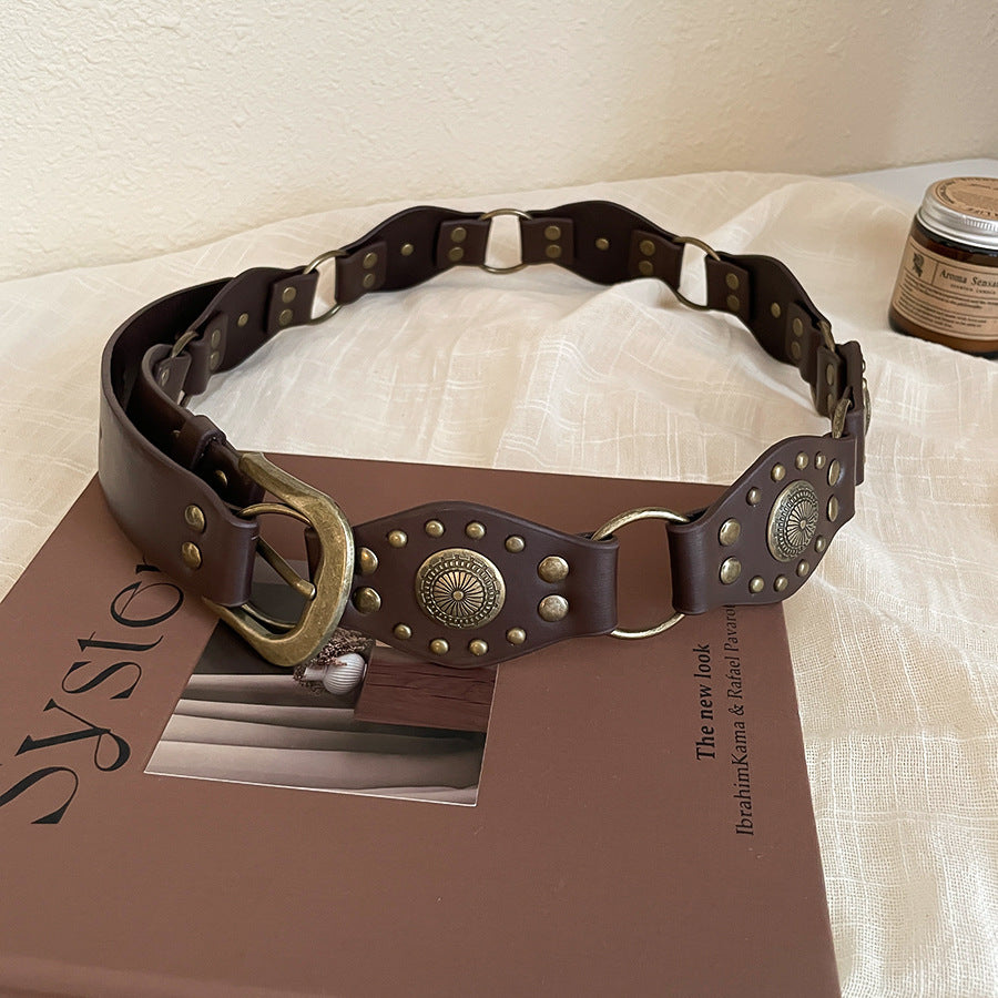 Vintage Round Buckle Leather Belt - view 7