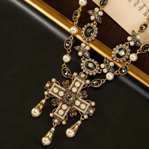 Vintage Cross Fringe Necklace Imperial Western Retro Pendant Rhinestone Fashionable Personality Sweater Chain