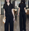 Summer Old Money Fashion Tencel Linen Sleeveless Wide Leg Pants + Vest 2-Piece Set