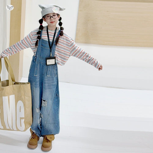 Girls' Distressed Denim Overalls Striped Tee Set
