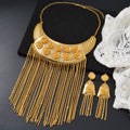 18k Gold Plated Dubai Middle East Wedding Party Flower Cutout Long Fringe Necklace Earrings Set Overseas Factory